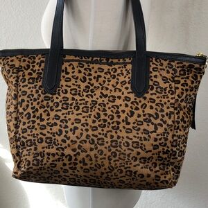 Fossil Sydney Leopard Print Calf Hair Tote Bag with Black Trim